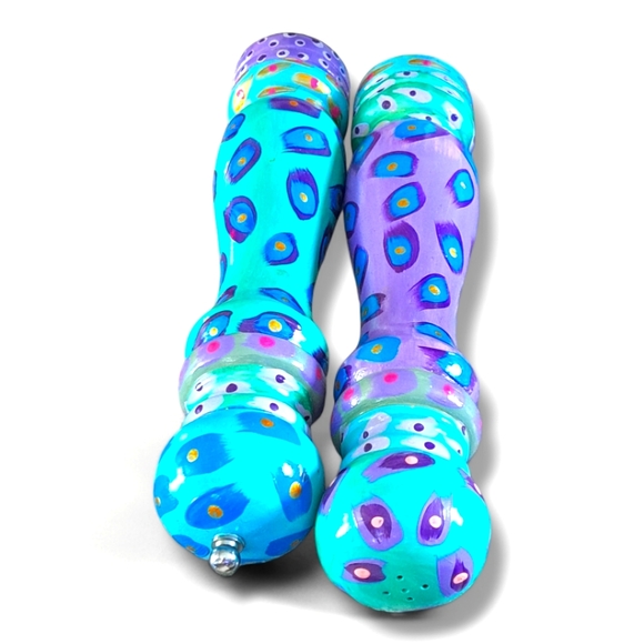 Hand Painted Wooden Salt and Pepper Shakers Blue Purple 10" NEVER USED - Picture 9 of 9